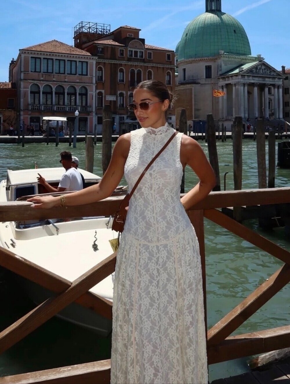 Zara White Lace Maxi Dress with High Neck - Picture 3 of 8